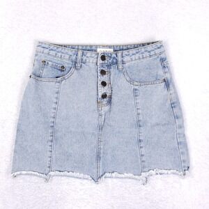 BAM Denim Mini Skirt Womens Size M Light Wash Button Fly Frayed‎ Raw Hem Y2K